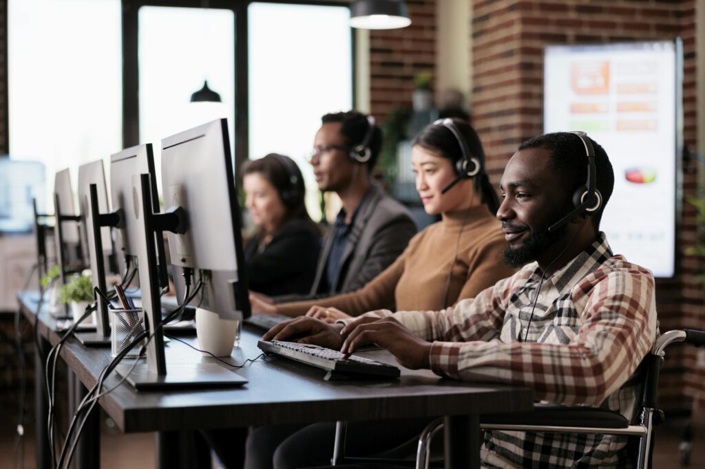 African american helpdesk receptionist with chronic impairment